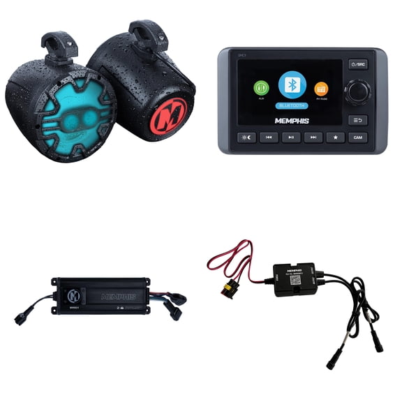 Memphis Audio UTV Audio Bundle SMC3 Radio, MX63PS 6.5" A.T.A.C Black Bar Mount Speakers, MX400.4 4-Ch Marine Amp RGB IP66 Bundle