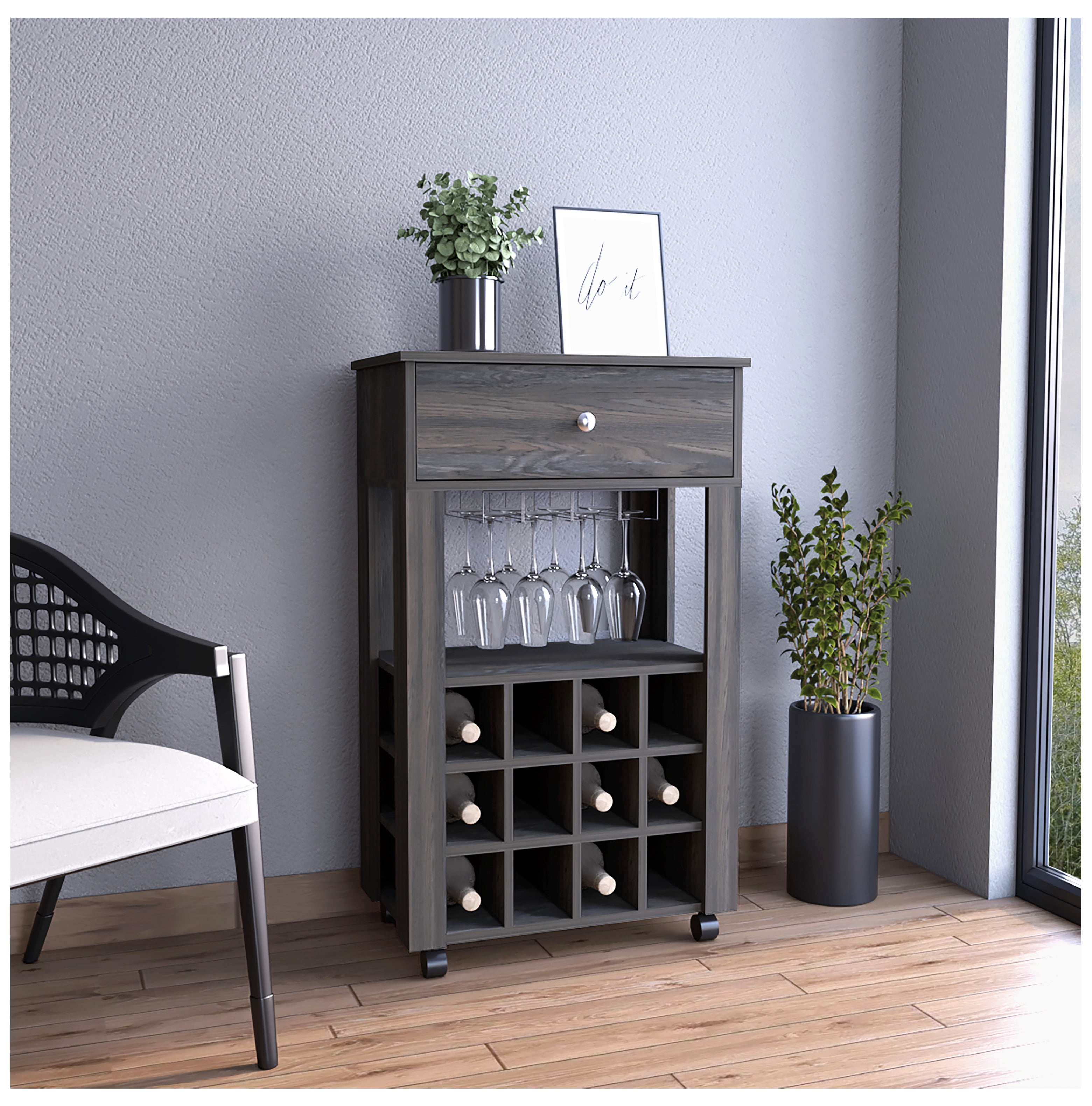 Memphis Bar Cart, Twelve Built-in Wine Rack, Four Legs, One Open Shelf ...