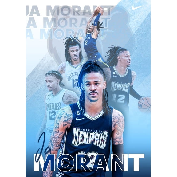 Memphis Blue Sports Wall Art Poster Elite Guard Illustration High Energy Modern Game Style Ja Morant Size 24x36 Unframed Poster