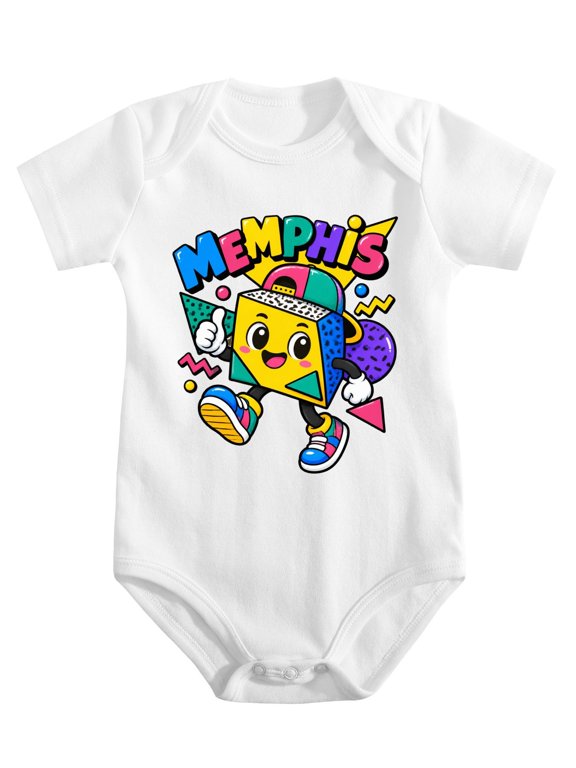 Memphis Geometric Color Block Pattern Baby Bodysuit, 100% Cotton Short Sleeve Snap Romper, 0-12 Months