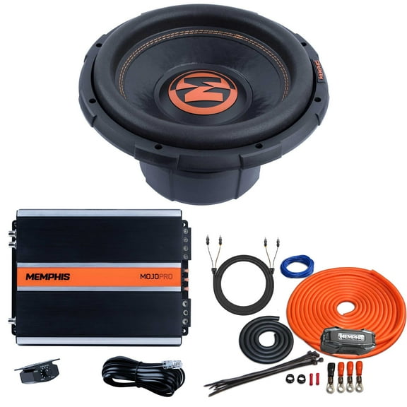 Memphis MJP1244 MOJO Pro Series 12" Subwoofer with Dual 4-ohm Voice Coils with a MJP1000.1 1000W Monoblock Amplifier and Memphis 4 ga Wire Kit