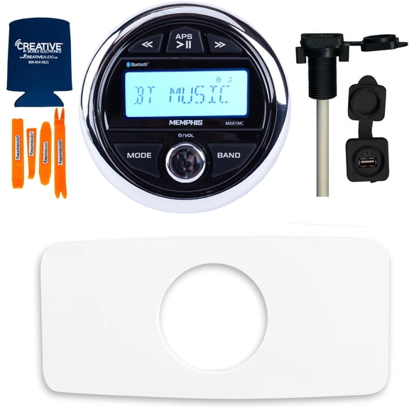 Memphis MXA1MC Gauge Style Media Center AM/FM/BT/AUX/USB with Stinger SEADASH3W White Marine Dash Kit and Flush Mount USB/AUX