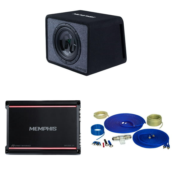 Memphis PRXE12S2 Single 12 Power Reference Series Loaded Enclosure with SRX300.1V Street Reference Series Mono Subwoofer Amplifier and Amp Wiring Kit