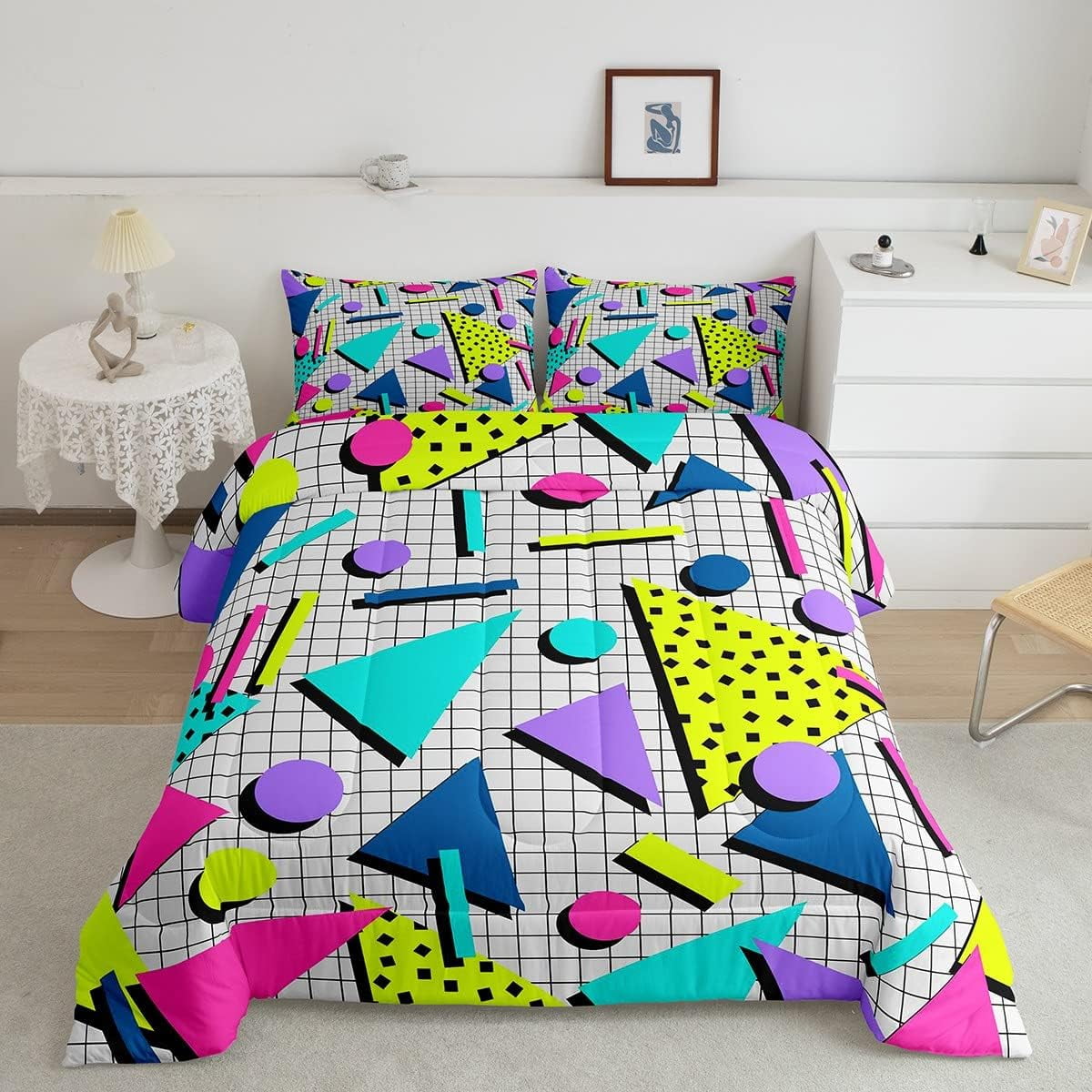 Memphis Style Bedding Set Twin Abstract Colorful Design with Dots Funky