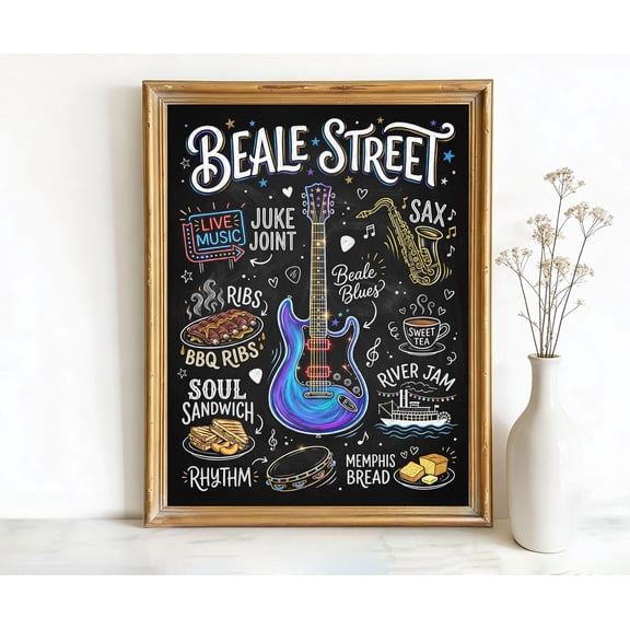 Memphis Tennessee Beale Street Elements Art Poster Vintage Style Wall Decor, Poster Only