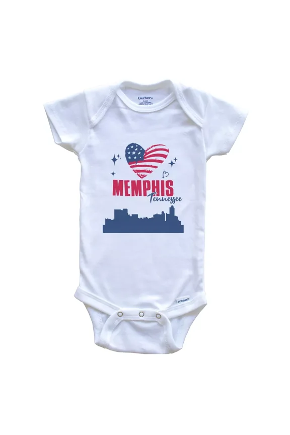 Memphis Tennessee Skyline American Flag Heart 4Th Of July Baby Bodysuit Cute Baby Onesie, BABY BODYSUIT LAT 4424
