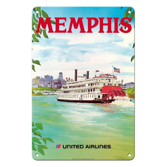 Memphis Tennessee - United Airlines - Mississippi River Paddlewheel Boat - Vintage Airline Travel Poster by Michael Hagel c.1970s - 8 x 12 inch Vintage Metal Tin Sign