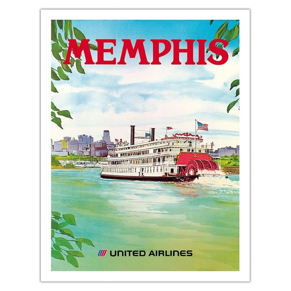 Memphis Tennessee - United Airlines - Mississippi River Paddlewheel Boat - Vintage Airline Travel Poster by Michael Hagel c.1970s - Fine Art Matte Paper Print (Unframed) 20x26in