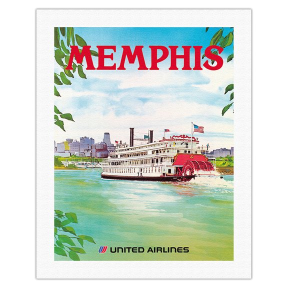 Memphis Tennessee - United Airlines - Mississippi River Paddlewheel Boat - Vintage Airline Travel Poster by Michael Hagel c.1970s - Fine Art Rolled Canvas Print 20in x 26in