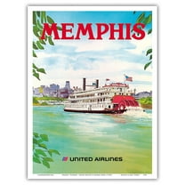 Memphis Tennessee - United Airlines - Mississippi River Paddlewheel Boat - Vintage Airline Travel Poster by Michael Hagel c.1970s - Master Art Print (Unframed) 9in x 12in