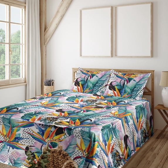 Ambesonne Memphis Vibes Fitted & Flat Sheet with Shams 4 Pcs Set, Strelitzia and Bird, King, Vermilion Lilac Teal