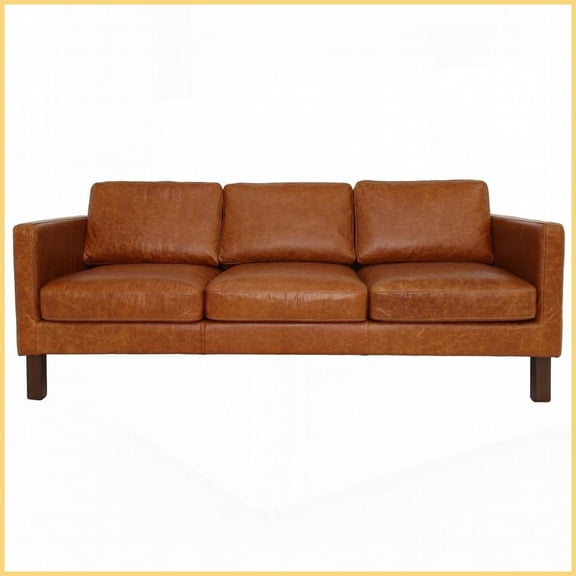Memphis Waxy Cognac Buffalo Leather Sofa  3-Seat Living Room Piece with Reversible Cushions & Solid Frame