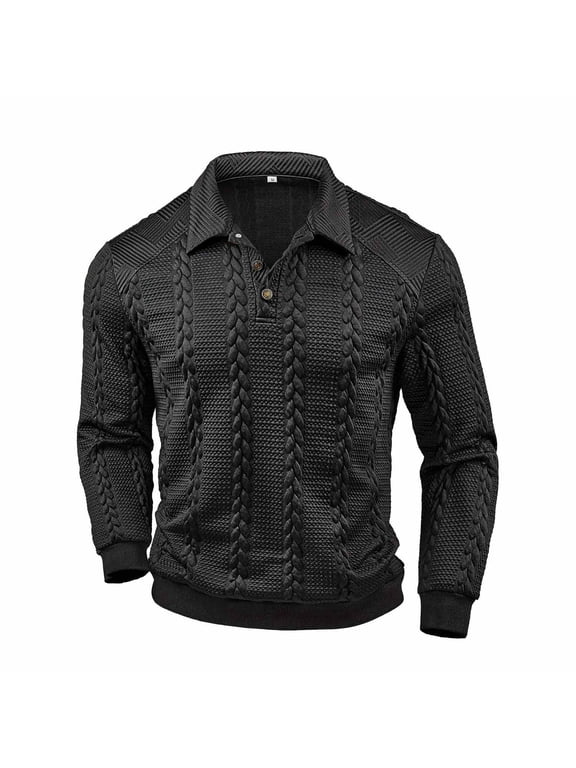 Mems Polo Shirts Long Sleeve Textured Knit Tee Shirts Basic Black Men's Clothing