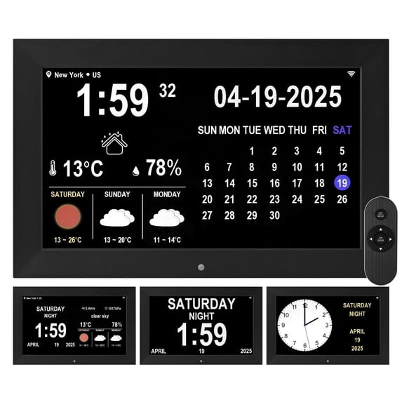 Memwake Multifunctional Large-Screen Digital Alarm Clock for Alzheimer's Patients with Date , Day of Week,Temperature and Humidity ,Multiple Display Modes,10-inch WIFI Black