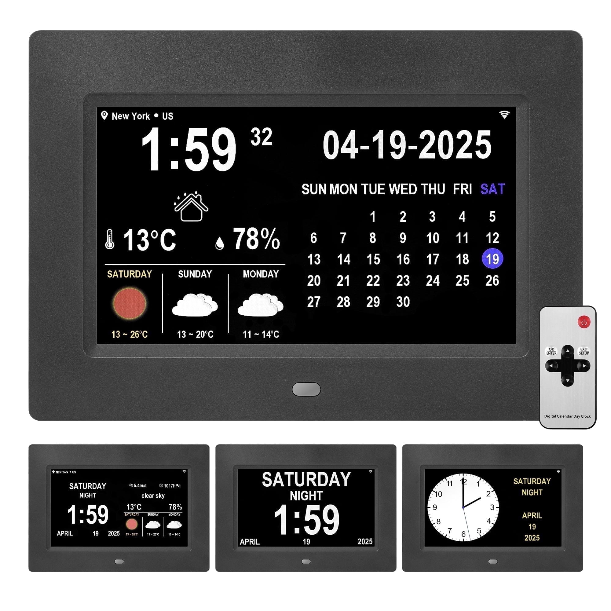 Memwake Multifunctional Large-Screen Digital Alarm Clock for 2026 World Cup,for Alzheimer's Patients with Date,Day of Week,Temperature and Humidity,Multiple Display Modes,7-inch WIFI Black