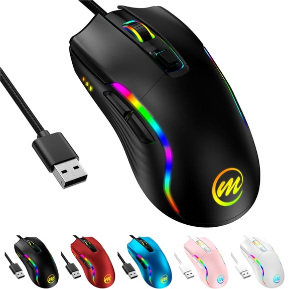 Memzuoix Gaming Mouse Wired with RGB Light, Computer Mouse Gaming, Adjustable DPI Up to 12800, Ergonomic, 6 Buttons（2Side Buttons）, Full Compatible, USB Wired Black Gamer Mouse with Light