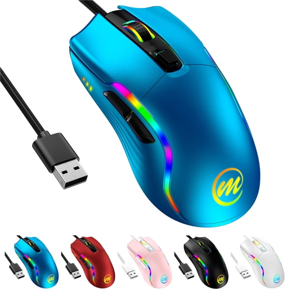 Memzuoix Gaming Mouse Wired with RGB Light, Computer Mouse Gaming, Adjustable DPI Up to 12800, Ergonomic, 6 Buttons(2Side Buttons), Full Compatible, USB Wired White Gamer Mouse with Light