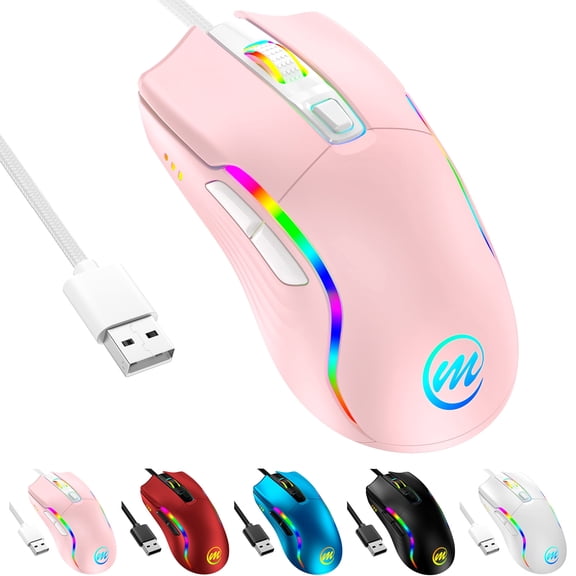 Memzuoix Gaming Mouse Wired with RGB Light, Computer Mouse Gaming, Adjustable DPI Up to 12800, Ergonomic, 6 Buttons（2Side Buttons）, Full Compatible, USB Wired White Gamer Mouse with Light