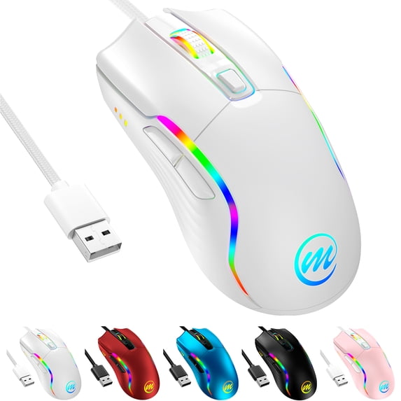 Memzuoix Gaming Mouse Wired with RGB Light, Computer Mouse Gaming, Adjustable DPI Up to 12800, Ergonomic, 6 Buttons(2Side Buttons), Full Compatible, USB Wired White Gamer Mouse with Light