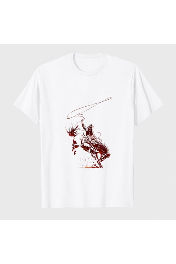 Men 100% Cotton T-Shirt Rodeo Horse Cowboy Graphic Vintage Western Style for Rodeo Party