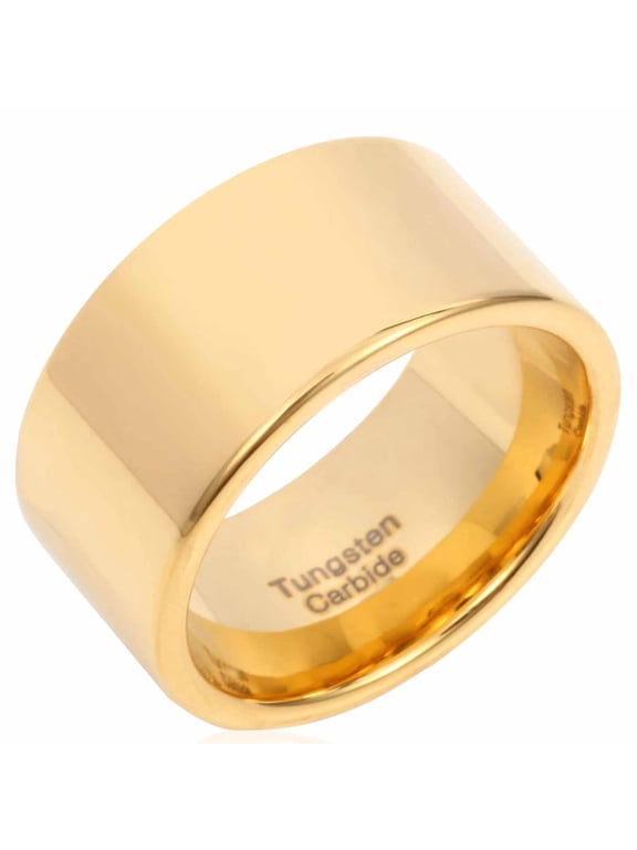 Men 12mm Wide Band Gold Classic Tungsten Carbide Ring Wedding Engagement Jewelry High Polished Flat Top