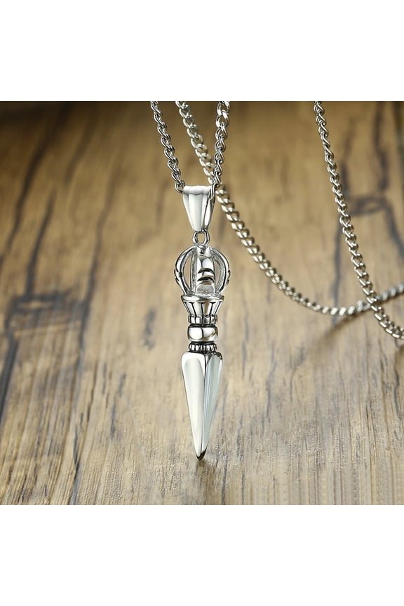 Men 14K White Gold Phurba Kilaya Pendant Necklace Tibetan Buddhism Vajrayana Buddhist Vajra Dorje Dagger Amulet Protection 24"