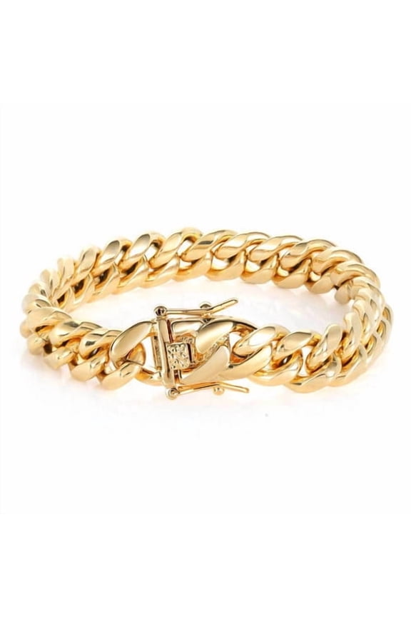 Men 14K Yellow Gold Bracelet 14mm 14K Yellow Gold  Miami Cuban Link Charm Bracelet For Men