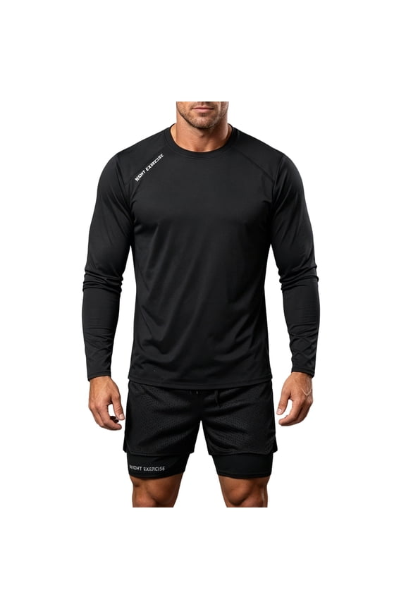 Men 2 in 1 Quick Dry Athletic Cycling Tracksuit, Raglan Long Sleeve Compression Shirt & Double Layer Liner Mesh Shorts Gym Running Training Set Size 3XL Black