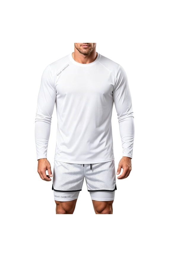 Men 2 in 1 Quick Dry Athletic Cycling Tracksuit, Raglan Long Sleeve Compression Shirt & Double Layer Liner Mesh Shorts Gym Running Training Set Size 3XL White