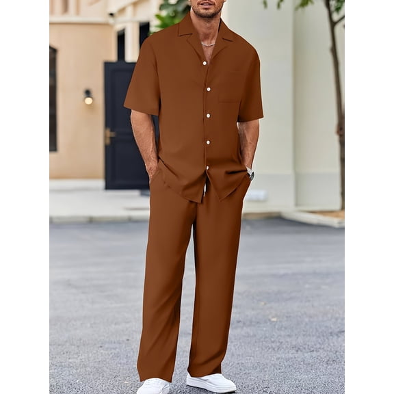 Men 2 Piece Beach Vacation Outfit Pants Set Summer Cool Short Sleeve Casual Shirts Brown L