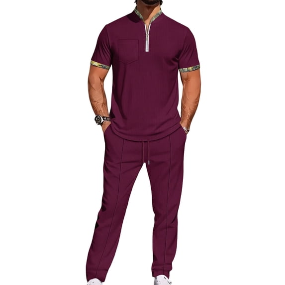 Men 2 Piece Casual Beach Outfits Short Sleeve Button Down Shirts Summer Loose Pant Sets Vacation Outfits Wine Red S