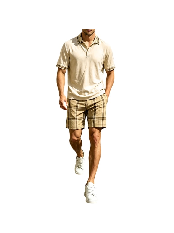 Men 2 Piece Casual Mesh Set, Plaid Cuff Pique Golf Polo Shirt and Elastic Waist Pocket Plaid Shorts Summer Beach Outfit Beige