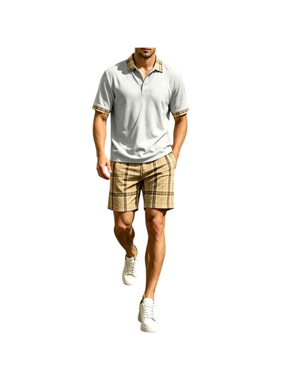Men 2 Piece Casual Mesh Set, Plaid Cuff Pique Golf Polo Shirt and Elastic Waist Pocket Plaid Shorts Summer Beach Outfit Gray