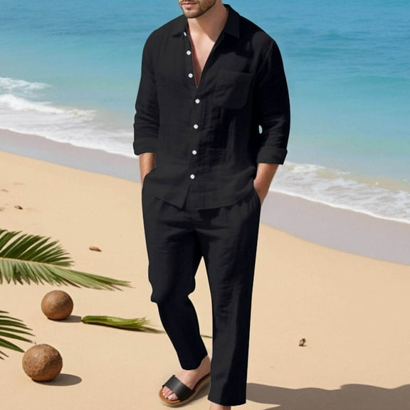 Men 2 Piece Linen Outfit Beach Button Down Long Sleeve Shirt Casual Loose Pant Sets Vacation Texture Linen Sets for Men (XXL, Black)