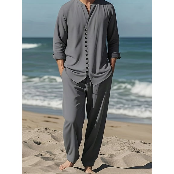Men 2 Piece Linen Outfit Beach Button Down Shirt Casual Loose Pant Sets Summer Outfits Fashion Gray M