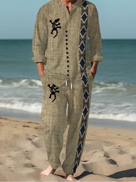 Men 2 Piece Linen Outfit Beach Button Down Shirt Casual Loose Pant Sets Summer Outfits Fashion Khaki M