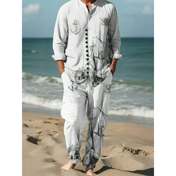 Men 2 Piece Linen Outfit Beach Button Down Shirt Casual Loose Pant Sets Summer Outfits Fashion White Vintage M
