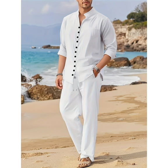 Men 2 Piece Linen Outfit Beach Button Down Shirt Casual Loose Pant Sets Summer Outfits Fashion White 3XL