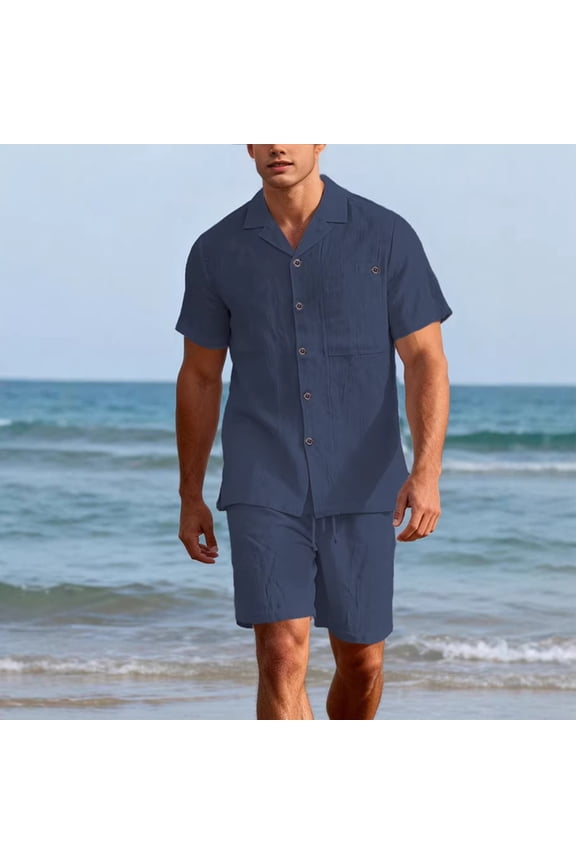 Men 2 Piece Linen Outfit Beach Button Down Shirt Casual Short Pant Sets