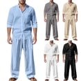 thumbnail image 1 of Men 2 Piece Linen Set Outfits Long Pants Button Down Roll Up Sleeve Shirts Beach Wedding Suit Sets Shirts and Pants Matching Sets, 1 of 6