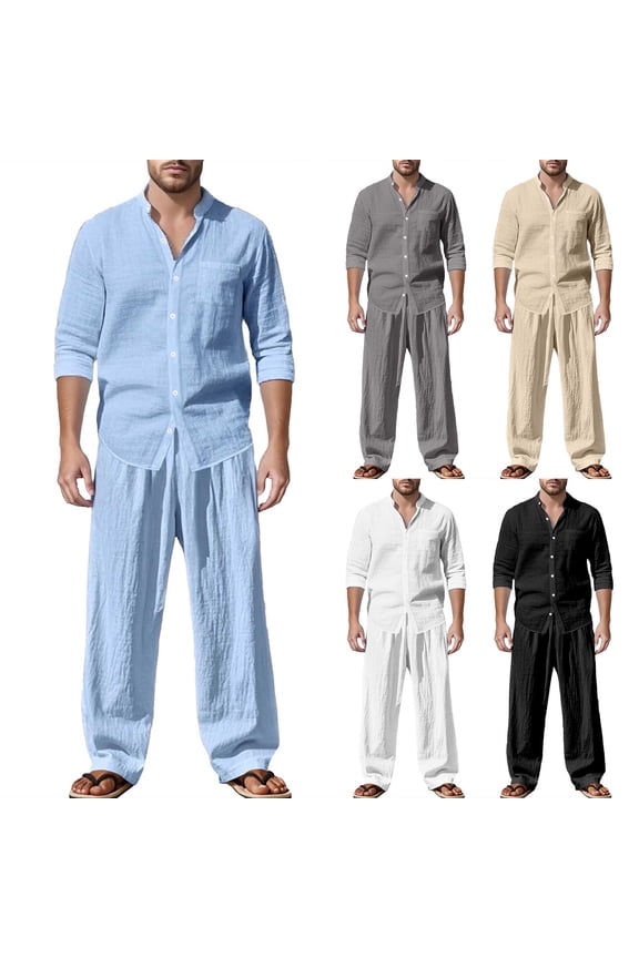 Men 2 Piece Linen Set Outfits Long Pants Button Down Roll Up Sleeve Shirts Beach Wedding Suit Sets Shirts and Pants Matching Sets