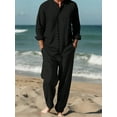 thumbnail image 1 of Men 2 Piece Linen Sets 2025 Button Down Shirt and Drawstring Long Pants Set Summer Outfits Black M, 1 of 5