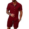thumbnail image 1 of Men 2 Piece Matching Summer Outfit Stripe Texture Short Sleeve Button Up Shirt and Shorts Casual Vacation Set, 1 of 7