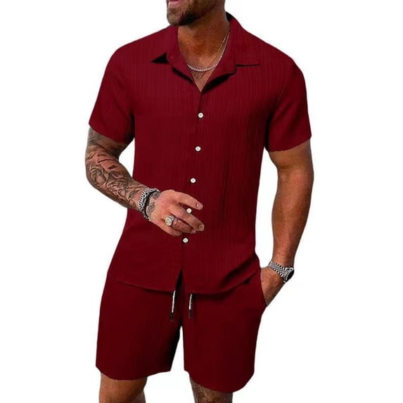 Men 2 Piece Matching Summer Outfit Stripe Texture Short Sleeve Button Up Shirt and Shorts Casual Vacation Set