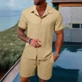 thumbnail image 1 of Men 2 Piece Matching Summer Outfit Stripe Texture Short Sleeve Button Up Shirt and Shorts Casual Vacation Set, 1 of 7