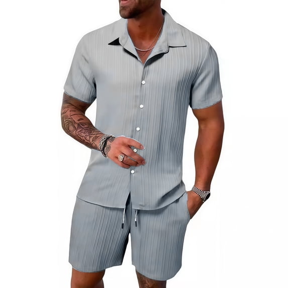 Men 2 Piece Matching Summer Outfit Stripe Texture Short Sleeve Button Up Shirt and Shorts Casual Vacation Set