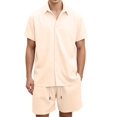 thumbnail image 1 of Men 2 Piece Outfit Solid Short Sleeve Button Shirt and Drawstring Shorts Summer Casual Set Khaki XXL, 1 of 6