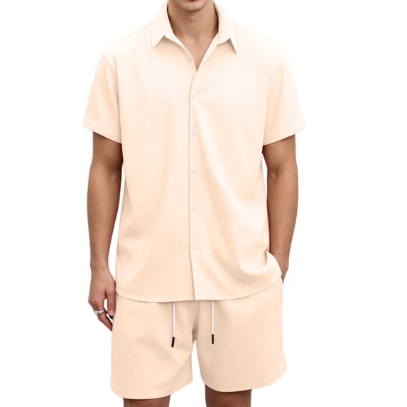 Men 2 Piece Outfit Solid Short Sleeve Button Shirt and Drawstring Shorts Summer Casual Set Khaki XXL