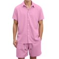 thumbnail image 1 of Men 2 Piece Outfit Solid Short Sleeve Button Shirt and Drawstring Shorts Summer Casual Set Pale M, 1 of 6