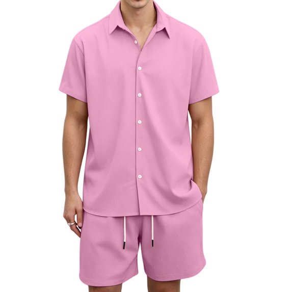 Men 2 Piece Outfit Solid Short Sleeve Button Shirt and Drawstring Shorts Summer Casual Set Pale M